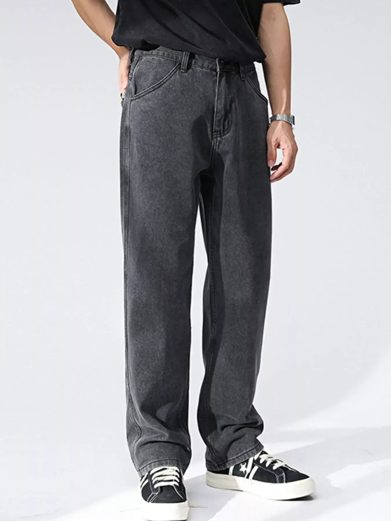 Black and gray Luxenk Relaxed Wide Leg Jeans by Trendsi, featuring a comfortable fit and casual style.