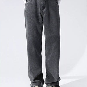 Black and gray Luxenk Relaxed Wide Leg Jeans by Trendsi, showing the comfortable, loose fit and stylish denim fabric.