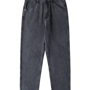 Black and gray Luxenk Relaxed Wide Leg Jeans by Trendsi, showing the relaxed fit and wide leg design on a model.