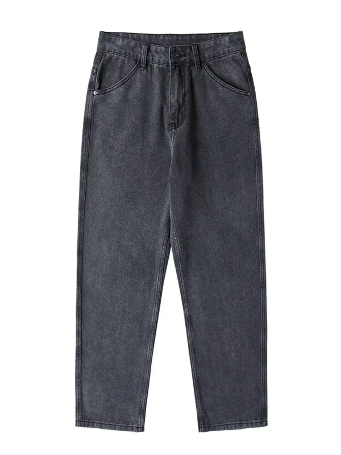 Black and gray Luxenk Relaxed Wide Leg Jeans by Trendsi, showing the relaxed fit and wide leg design on a model.