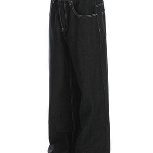 Black LUXENK© Contrast Stitch Jeans by Trendsi, slim fit with visible contrasting stitching and classic denim texture.