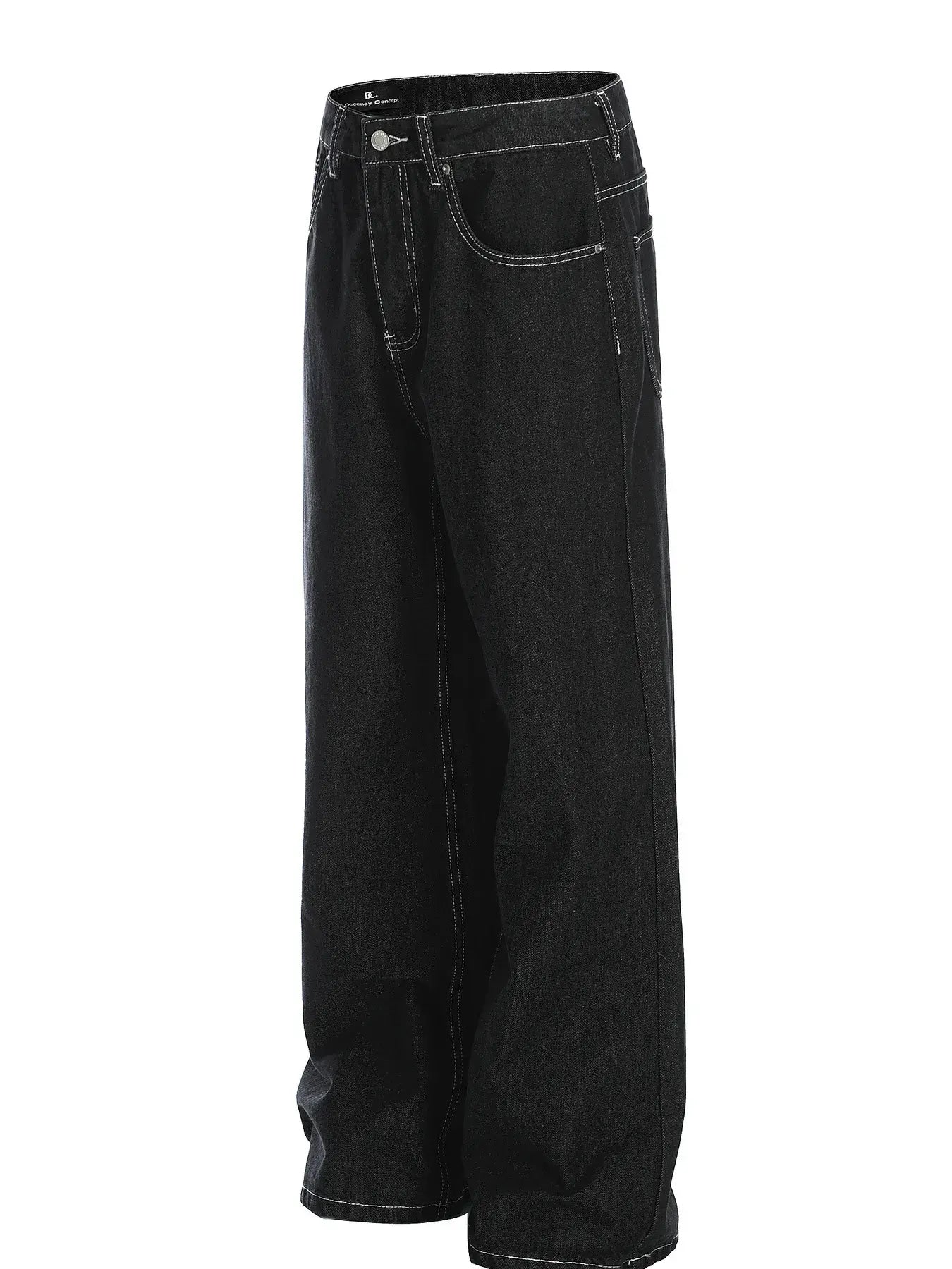 Black LUXENK© Contrast Stitch Jeans by Trendsi, slim fit with visible contrasting stitching and classic denim texture.