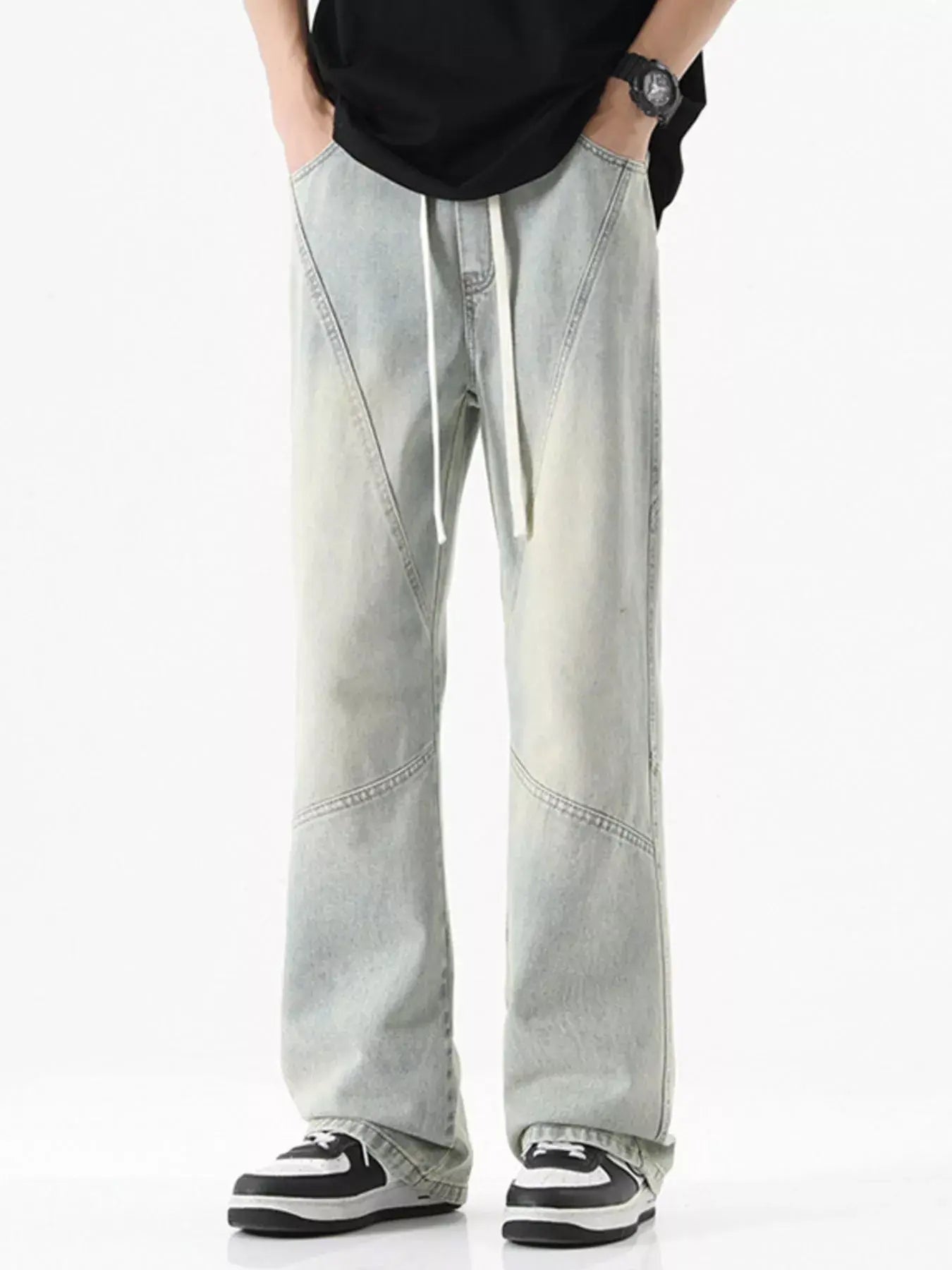 Black LUXENK© drawstring wide leg jeans with relaxed fit and casual style, shown on a mannequin.