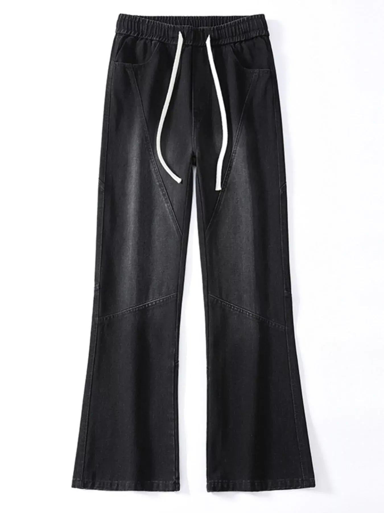 Black Luxenk© Drawstring Wide Leg Jeans by Trendsi featuring a relaxed fit, high waist, and casual style, shown on a model.
