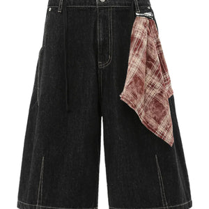 Black Luxenk Plaid Accent Denim Shorts by Trendsi featuring a stylish denim design with plaid detailing and a relaxed fit.