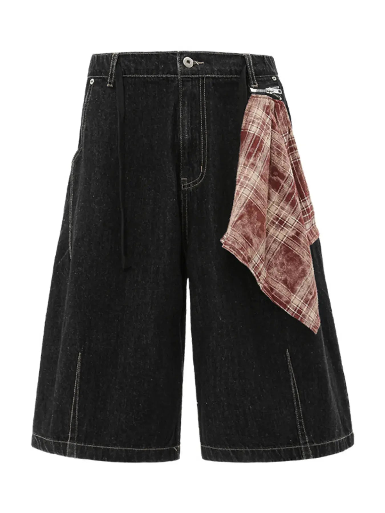 Black Luxenk Plaid Accent Denim Shorts by Trendsi featuring a stylish denim design with plaid detailing and a relaxed fit.