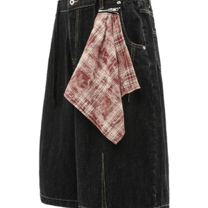 Black Luxenk Plaid Accent Denim Shorts with frayed hem and trendy design, styled for casual summer wear.