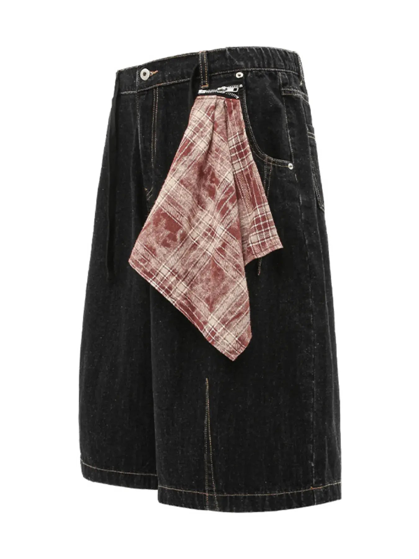 Black Luxenk Plaid Accent Denim Shorts with frayed hem and trendy design, styled for casual summer wear.