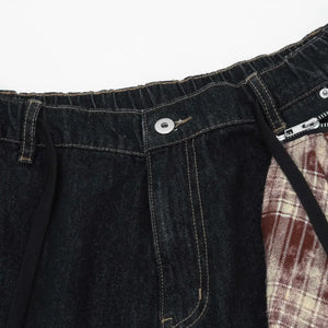 Black Luxenk Plaid Accent Denim Shorts by Trendsi featuring a stylish plaid detail and classic denim design.