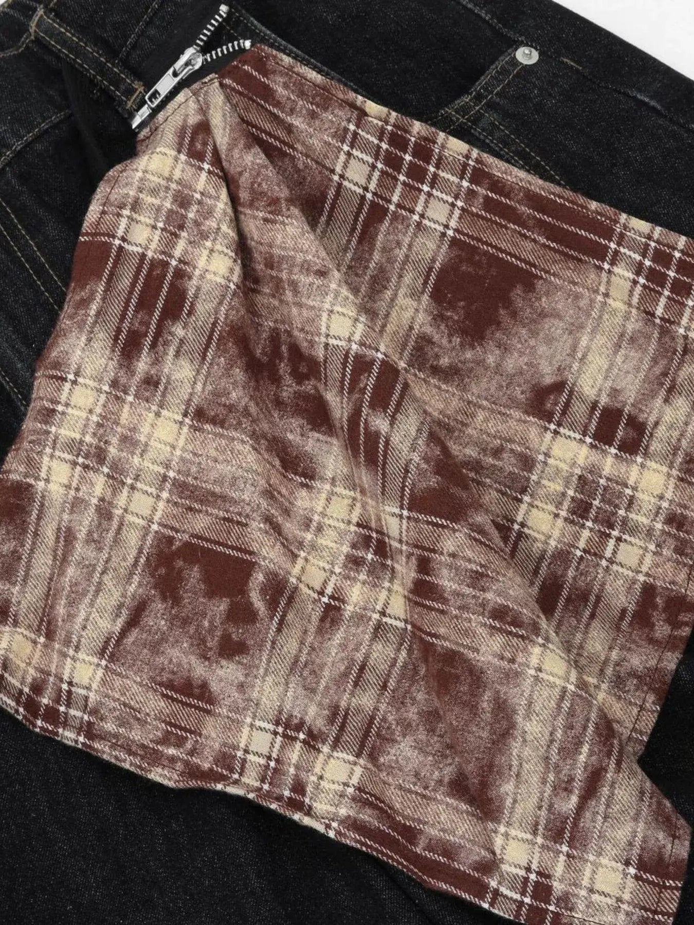 Black LUXENK® Plaid Accent Denim Shorts by Trendsi, featuring a stylish plaid detail and classic denim design.