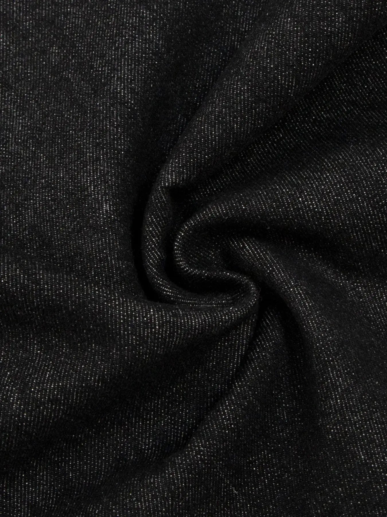 Black Luxenk© Pocketed Loose Denim Shorts by Trendsi, showing relaxed fit, distressed details, and front and back pockets.