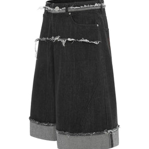 Black LUXENK© Raw Hem Bermuda Shorts by Trendsi, shown in size S with distressed raw hem detail.