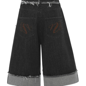 Black Luxenk© Raw Hem Bermuda Shorts by Trendsi, casual shorts with frayed raw hem detail and comfortable fit.