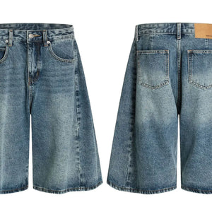 Blue washed denim shorts from Luxenk©, trendy casual shorts with a relaxed fit and frayed hem.