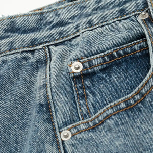Blue washed denim shorts from Luxenk©, trendy casual shorts with a relaxed fit and frayed hem, perfect for summer wear.