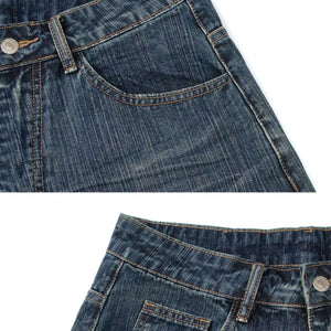 Blue Luxenk© wide-leg denim shorts with a relaxed fit, featuring a high-rise waist and casual style.