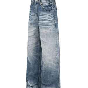 Light blue wide leg vintage jeans by Luxenk©, featuring a relaxed fit and classic denim texture, styled with pockets and a high waist.