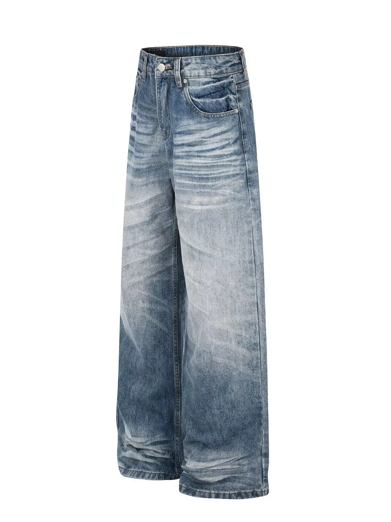 Light blue wide leg vintage jeans by Luxenk©, featuring a relaxed fit and classic denim texture, styled with pockets and a high waist.