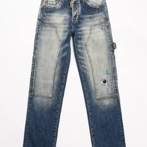 Dark blue Luxenk© "Distressed" jeans by Trendsi featuring ripped details and a slim fit, shown on a mannequin.