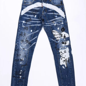 Dark blue LUXENK© "Graffiti" jeans by Trendsi, featuring a stylish graffiti-inspired design and classic denim fit.
