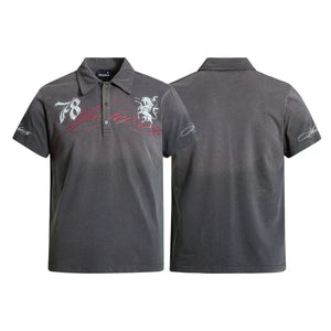 Dark gray Luxenk Classic Polo Shirt by Trendsi, shown on a model, featuring a collared neckline and short sleeves.