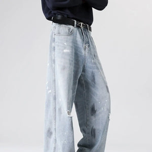 Light blue Luxenk© distressed wide-leg jeans with a relaxed fit, featuring frayed hems and a high-rise waist.