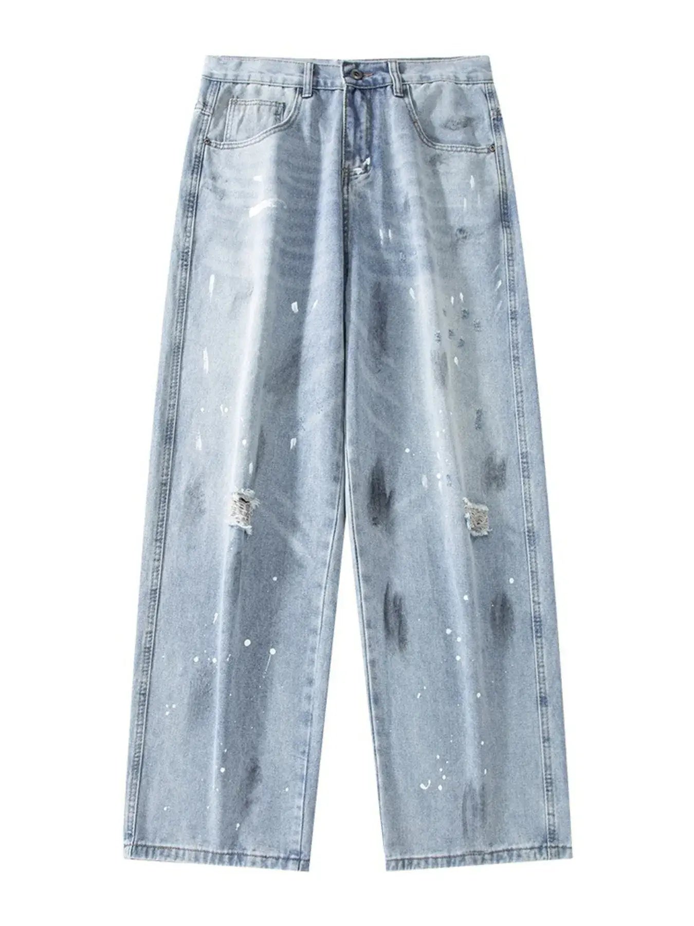Light blue distressed wide leg jeans from Luxenk by Trendsi, featuring a relaxed fit and casual style.