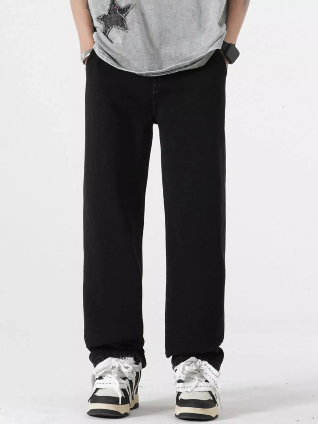 Light blue Luxenk Relaxed Fit jeans from Trendsi displayed on a model, showcasing a casual, comfortable denim style.