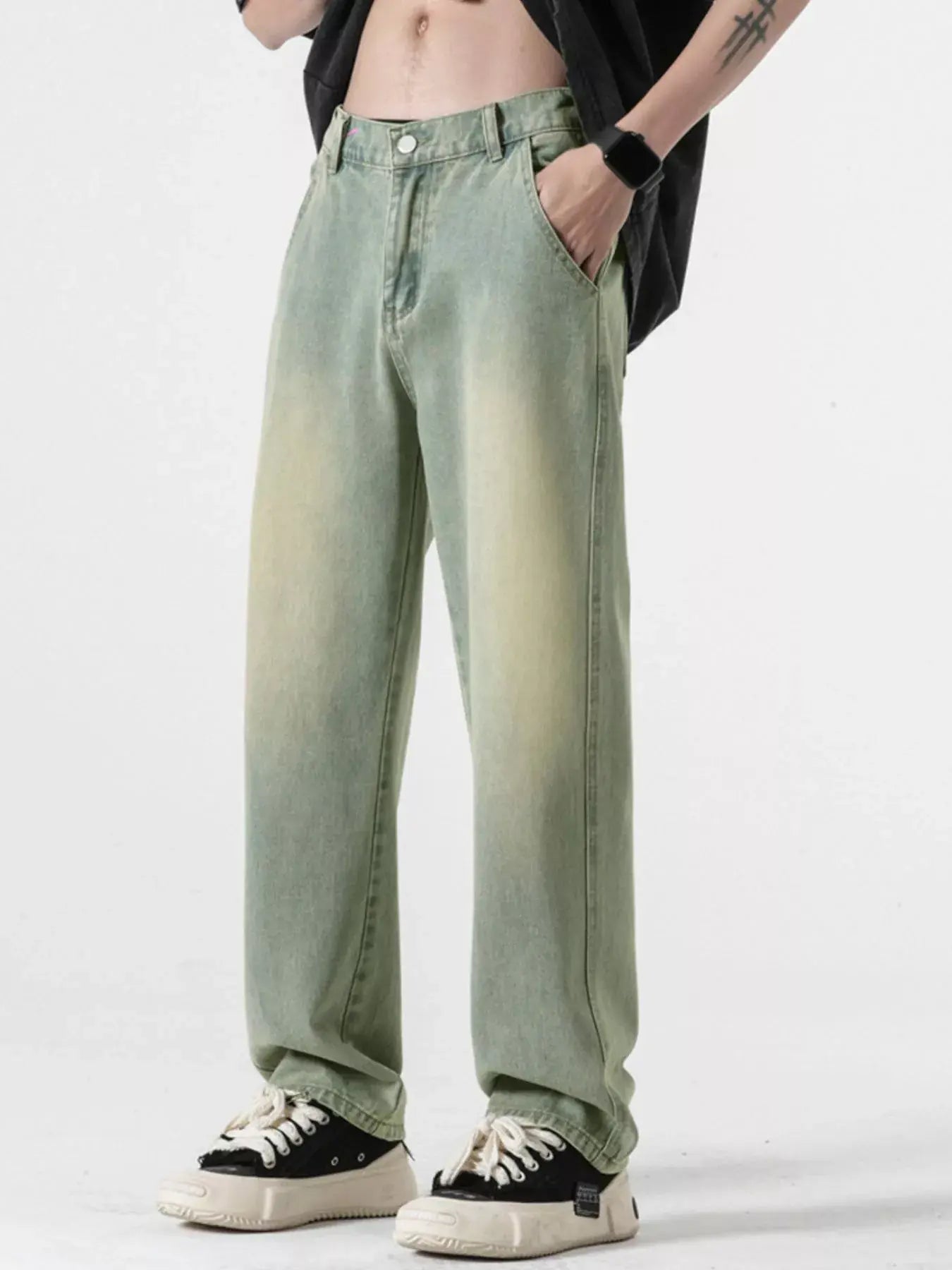 Light blue LUXENK© Relaxed Fit jeans from Trendsi, showing a casual fit with front pockets and belt loops.