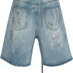 Luxenk Graffiti Denim Bermuda Shorts by Trendsi, medium wash with graffiti-style design, casual fit, and denim fabric.