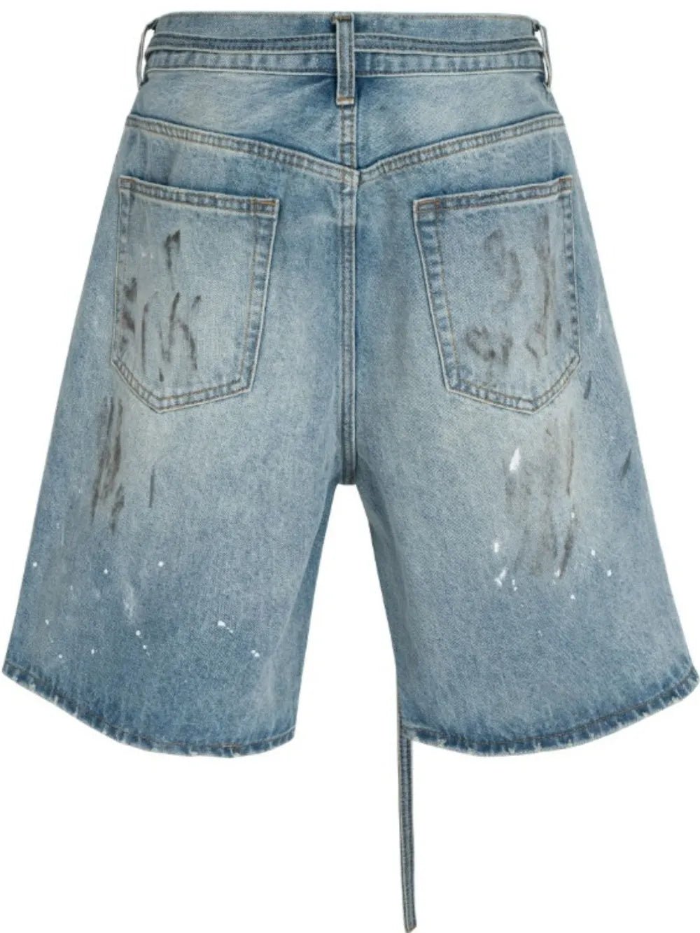Luxenk Graffiti Denim Bermuda Shorts by Trendsi, medium wash with graffiti-style design, casual fit, and denim fabric.
