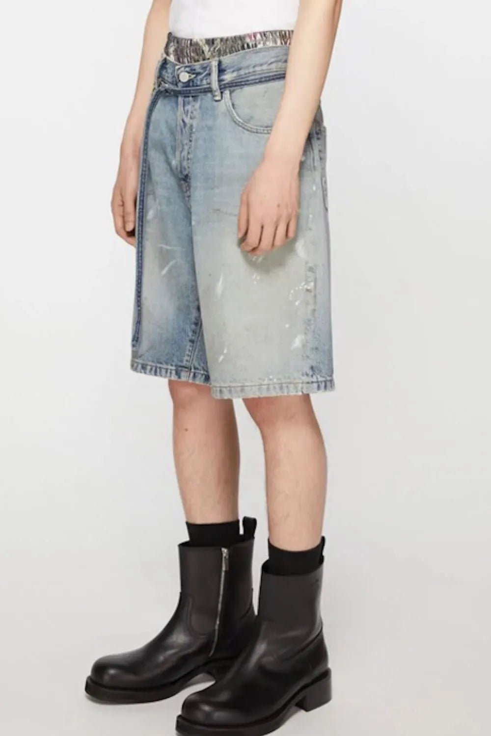 Luxenk Graffiti Denim Bermuda Shorts in medium and large sizes, featuring a stylish graffiti print and casual denim design.