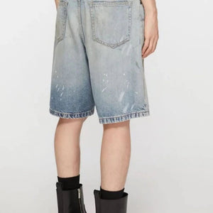 Luxenk Graffiti Denim Bermuda Shorts in medium wash with colorful graffiti patterns, casual and trendy for summer wear.