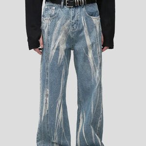 Light blue Luxenk Paint Wide Leg Jeans with relaxed fit and high waist, featuring wide pant legs and classic denim details.