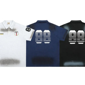 Navy blue Luxenk© "Number" polo shirt by Trendsi, front view showing collar, buttons, and printed number design.