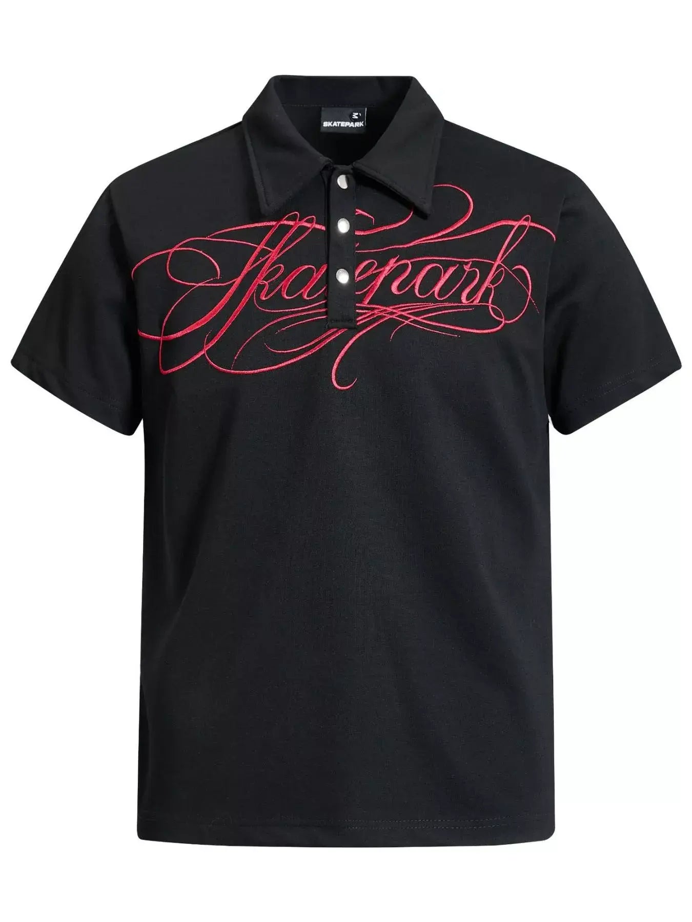 Scarlet Luxenk® Letter Embroidered Polo Shirt by Trendsi, close-up of embroidered lettering on a casual polo shirt.