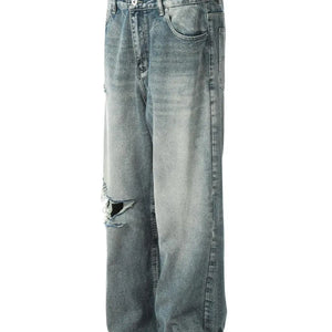 Washed blue distressed vintage jeans by Luxenk, Trendsi, featuring a classic fit, frayed details, and a worn-in denim look.