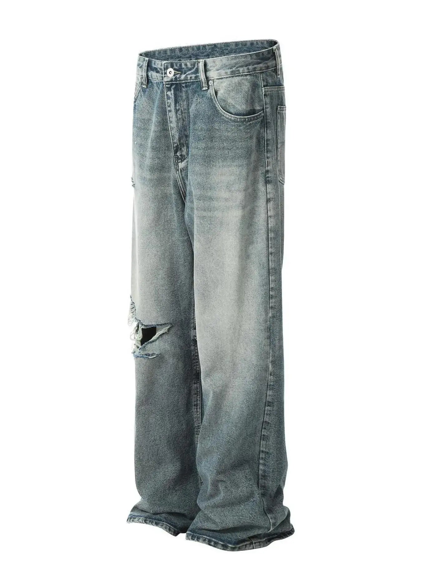 Washed blue distressed vintage jeans by Luxenk, Trendsi, featuring a classic fit, frayed details, and a worn-in denim look.