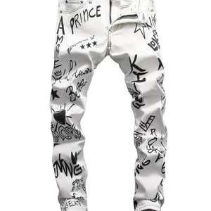 White Luxenk Graffiti Slim Jeans by Trendsi featuring a fitted design and stylish graffiti-inspired details.