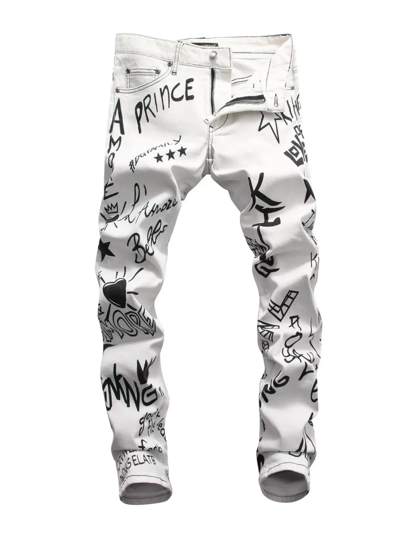 White Luxenk Graffiti Slim Jeans by Trendsi featuring a fitted design and stylish graffiti-inspired details.