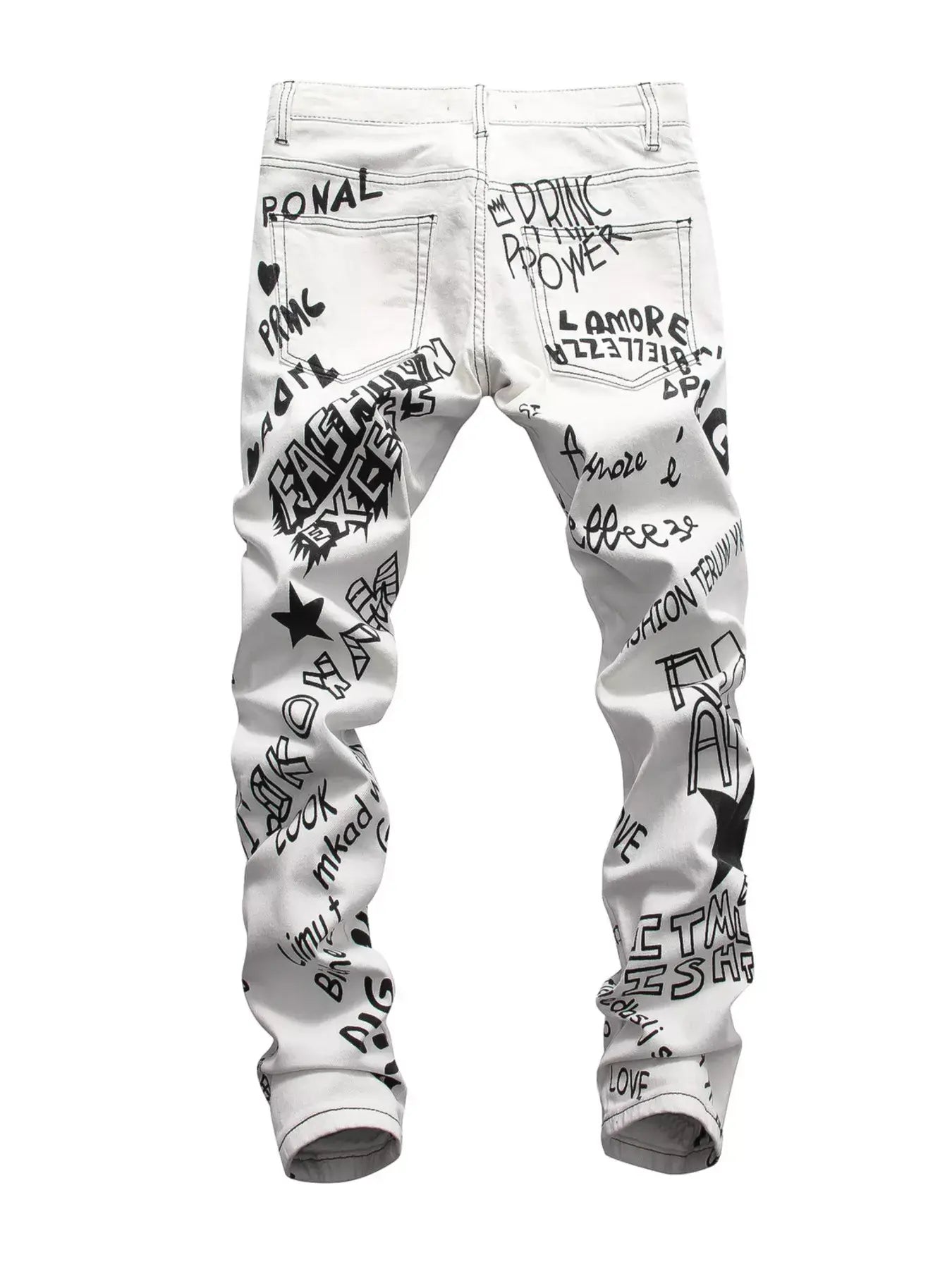 White LUXENK© Graffiti Slim Jeans by Trendsi, slim fit design with subtle graffiti pattern, shown on a model.