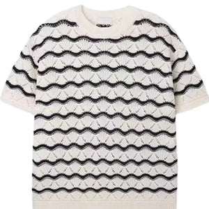 White Luxenk Wavy Stripe T-shirt by Trendsi, featuring a stylish wavy stripe pattern on soft, comfortable fabric.