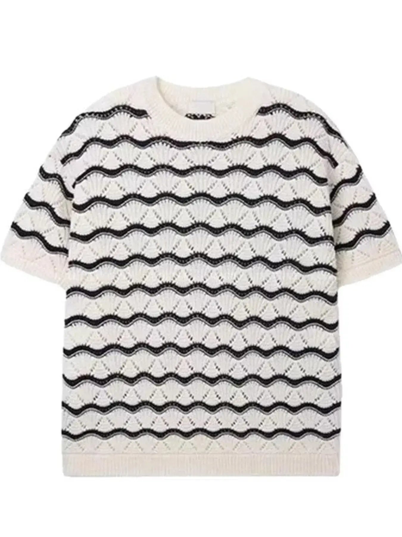 White Luxenk Wavy Stripe T-shirt by Trendsi, featuring a stylish wavy stripe pattern on soft, comfortable fabric.