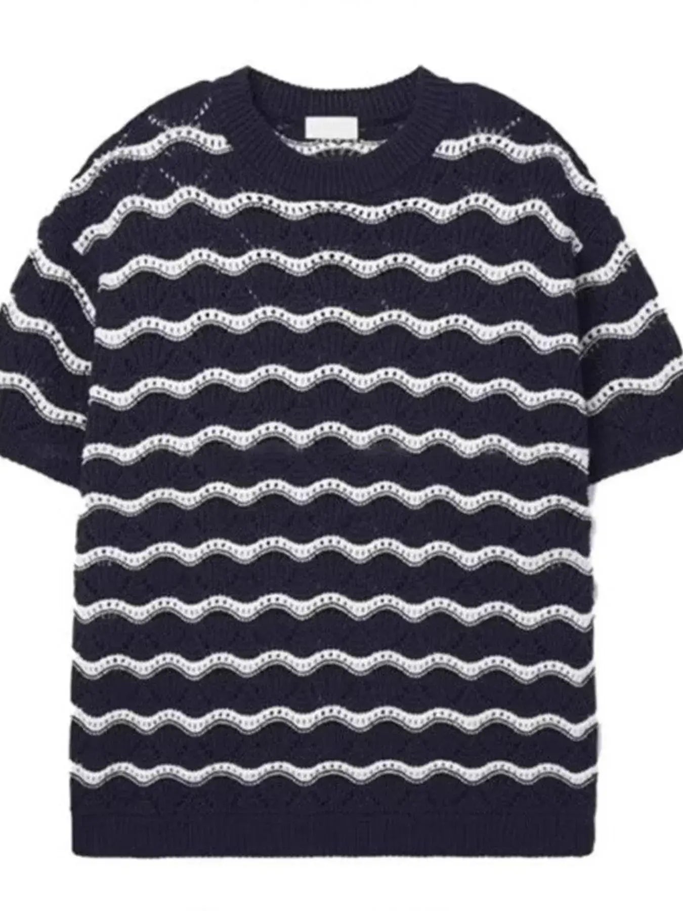 White Luxenk Wavy Stripe T-shirt from Trendsi, featuring a stylish wavy stripe pattern and comfortable fit in M size.